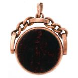 Victorian 9ct rose gold bloodstone and carnelian spinner fob, Birmingham 1898, 2.5cm high, 6.2g