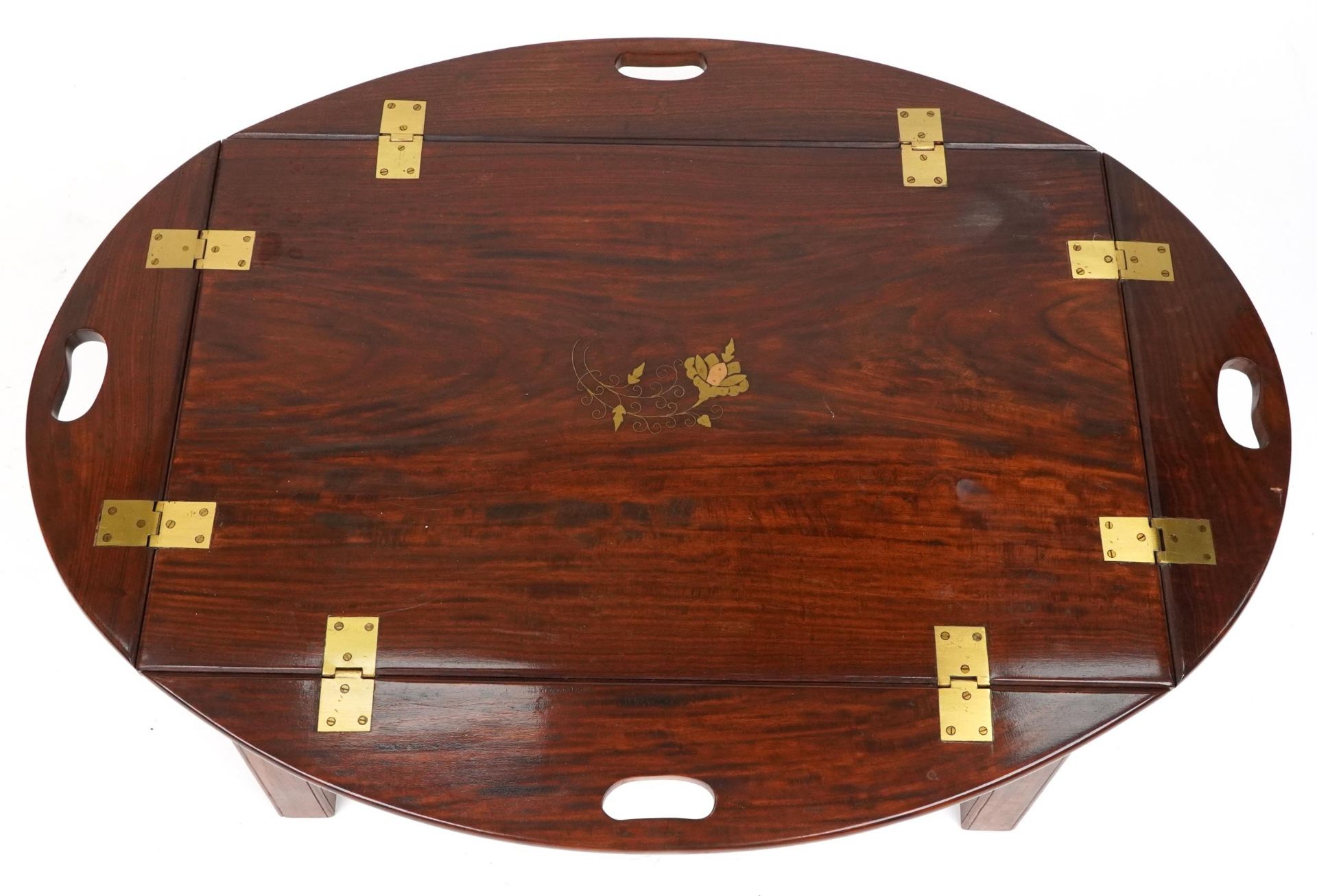 Mahogany butler's tray table with folding sides and brass foliate inlay, 56cm H x 74cm W x 50cm D as - Image 3 of 5