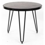 Industrial wrought iron circular side table with hardwood top and hairpin legs, 53cm high x 61cm