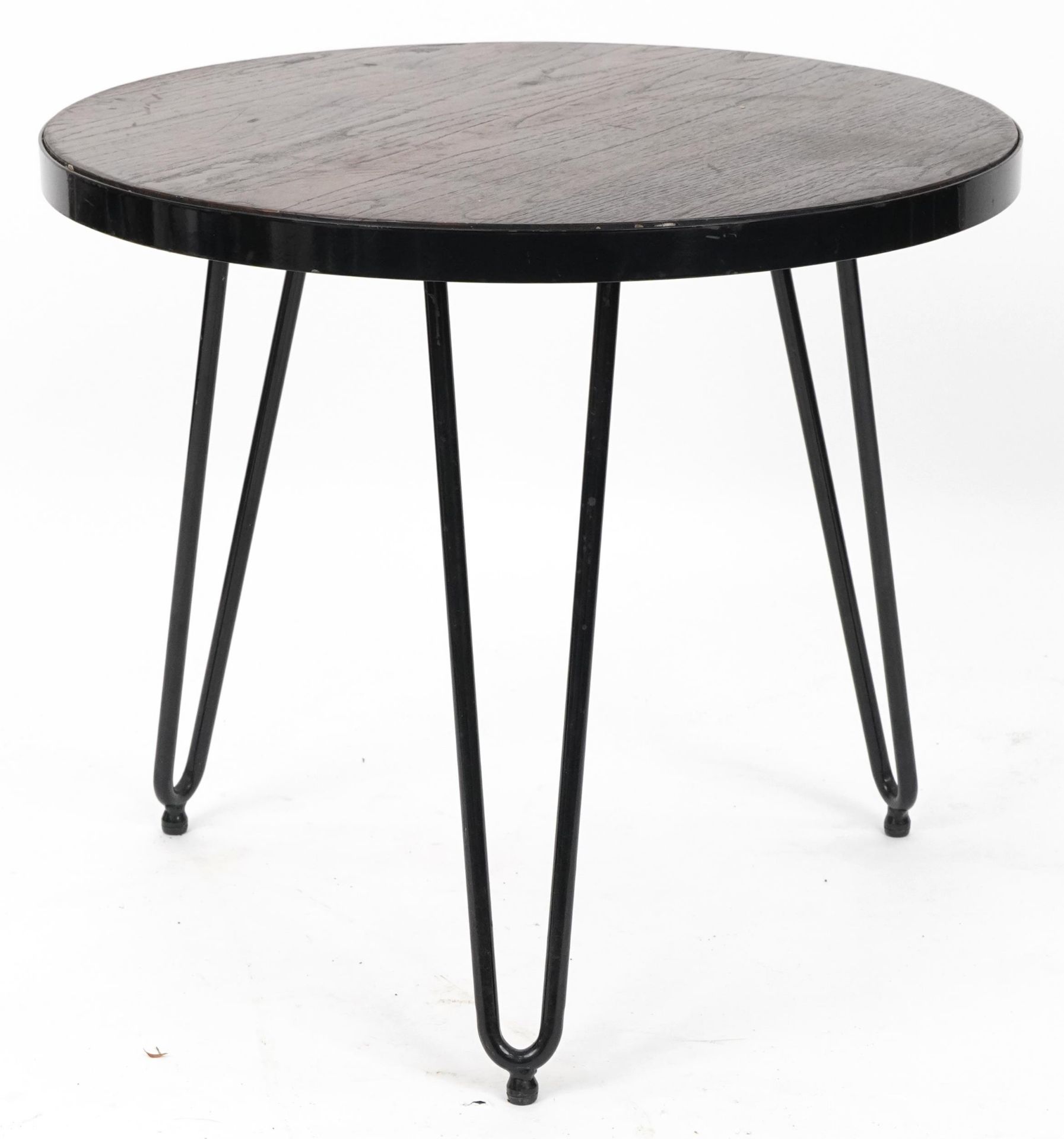 Industrial wrought iron circular side table with hardwood top and hairpin legs, 53cm high x 61cm