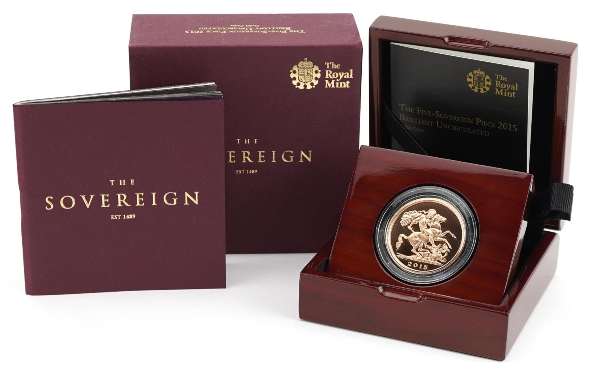 Elizabeth II 2015 brilliant uncirculated five-sovereign piece by The Royal Mint with fitted case,