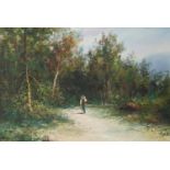 Figure on path through woodland, Impressionist oil on canvas, bearing an indistinct signature,
