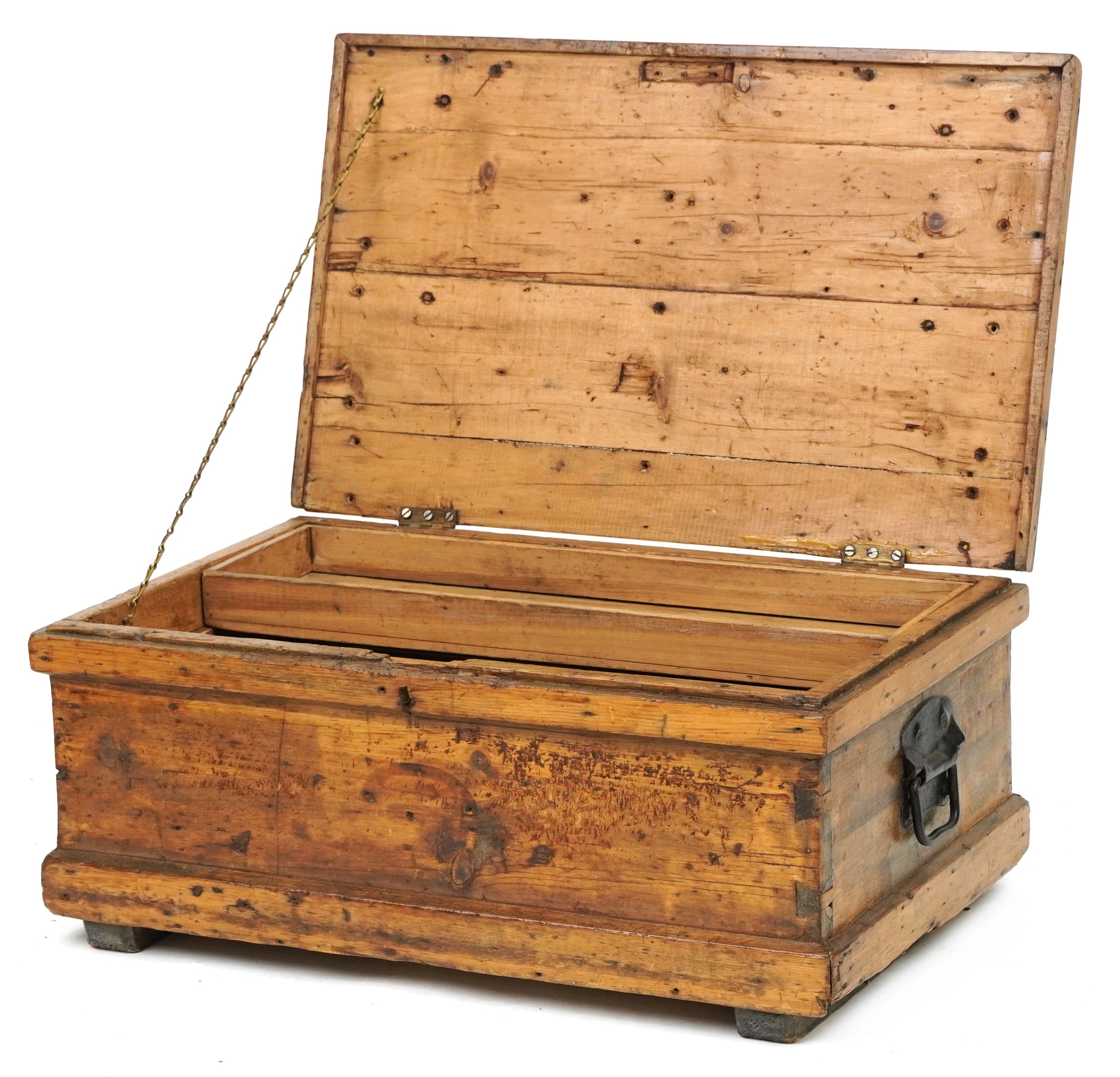 Victorian waxed pine tool chest with carrying handles, 27cm H x 64.5 W x 40cm D - Image 2 of 5