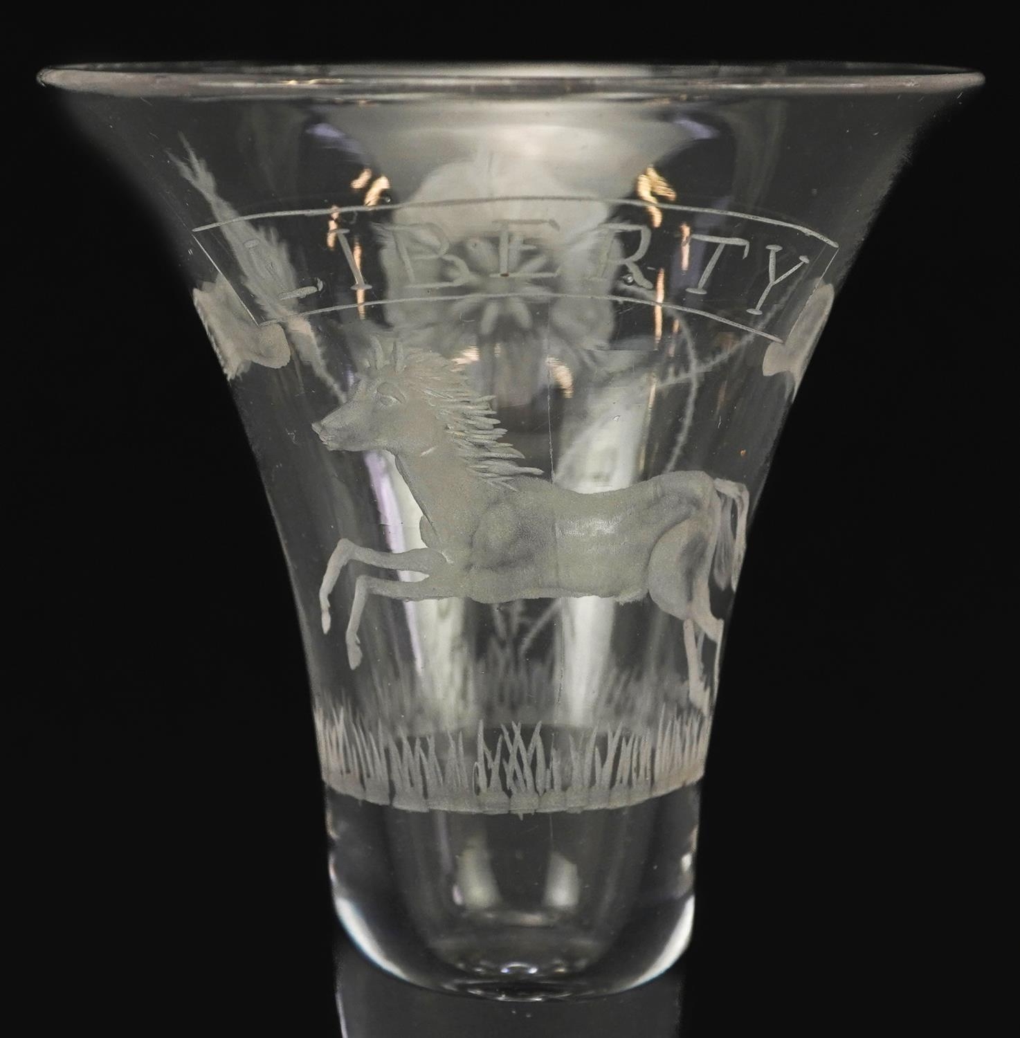 18th century antique Jacobite liberty wine glass engraved with a Jacobite rose and leaping horse, - Image 2 of 5