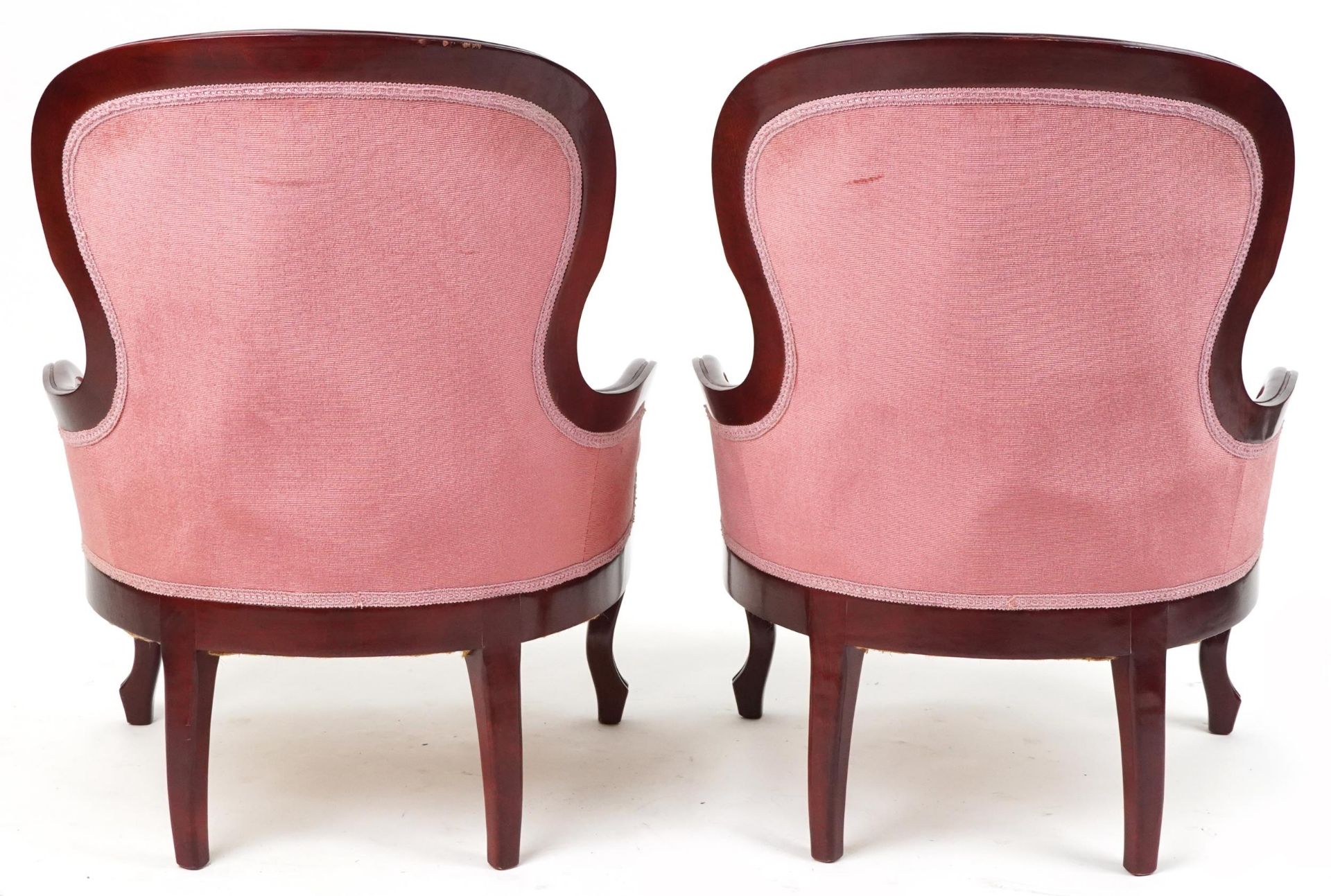 Pair of Victorian style mahogany bedroom chairs with salmon button back upholstery, each 82cm high - Bild 4 aus 4