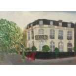 Paul Lucien Dessau - London street scene, oil on board, mounted and framed, 54cm x 37cm excluding