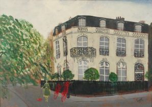 Paul Lucien Dessau - London street scene, oil on board, mounted and framed, 54cm x 37cm excluding