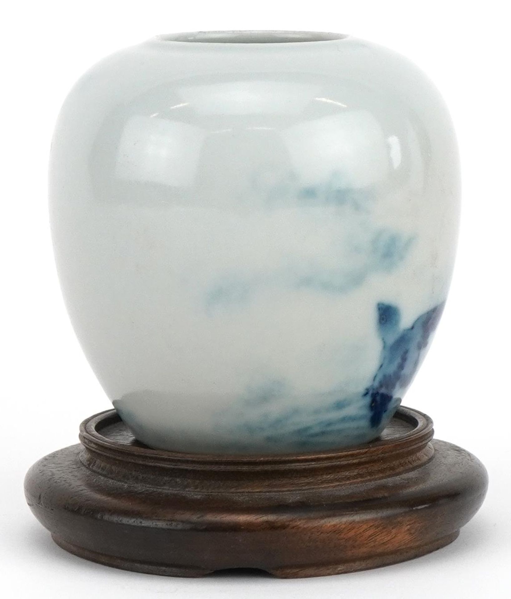 Chinese blue and white porcelain vase with hardwood stand hand painted with birds above waves, - Image 3 of 6