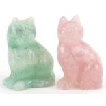 Two carved hardstone cats comprising rose quartz and fluorite, the largest 8.5cm high