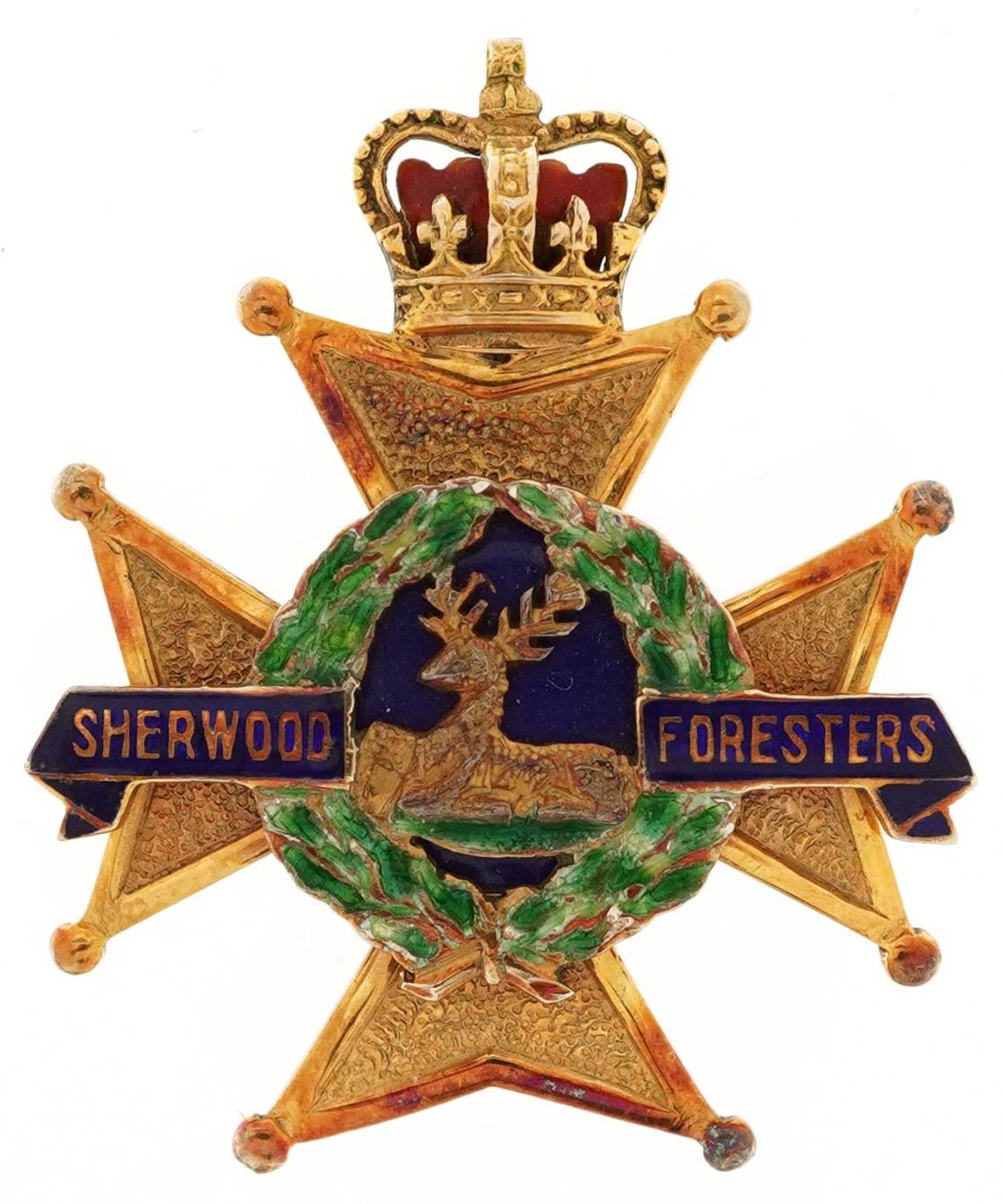 Military interest 9ct gold and enamel Sherwood Foresters sweetheart brooch, 2.8cm high, 5.4g