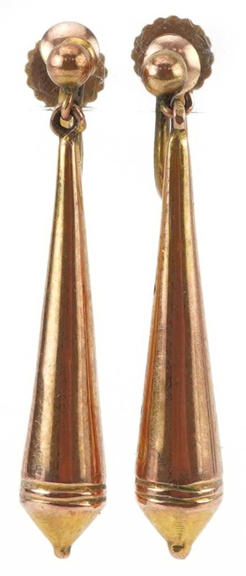 Pair of Victorian gold drop earrings with screw backs, test as 9ct gold, indistinct marks, each