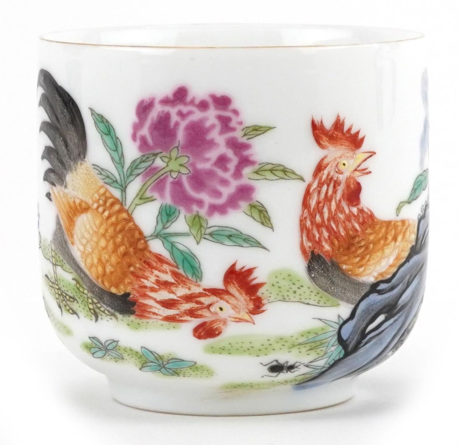 Chinese porcelain cup hand painted with two cockerels in a landscape, four figure character marks to