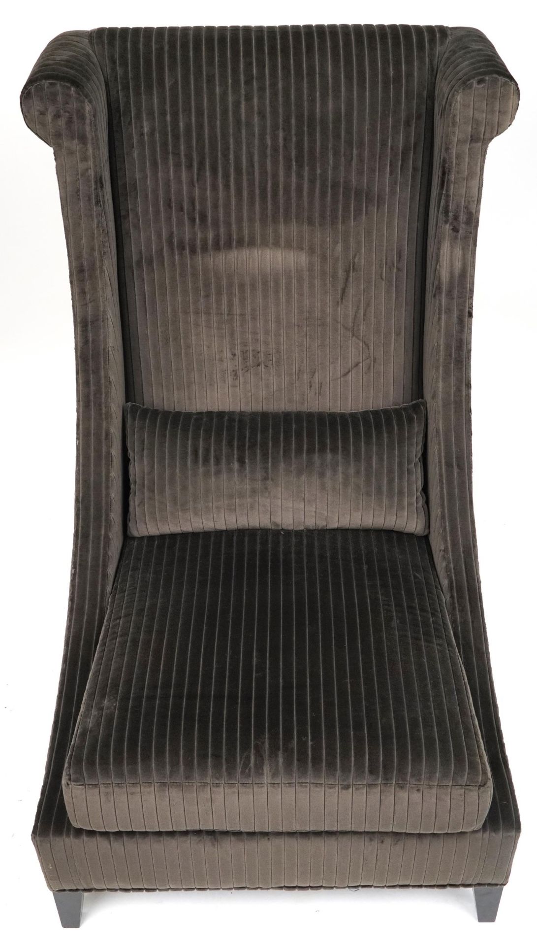 Contemporary dark olive green upholstered throne lounge chair with ebonised legs and cushion, - Image 3 of 4