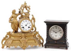 Two mantle clocks comprising a French gilt metal figural example with enamelled dial having Roman