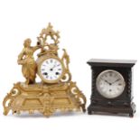 Two mantle clocks comprising a French gilt metal figural example with enamelled dial having Roman