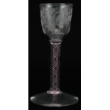 18th century wine glass with multi coloured opaque twist stem and bowl engraved with leaves and