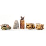 Chinese sundry items including a hardstone seal carved with a bird and a cloisonne box and cover