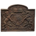Antique cast iron fire back with Charles I royal coat of arms dated 1635, 60.5cm x 52cm