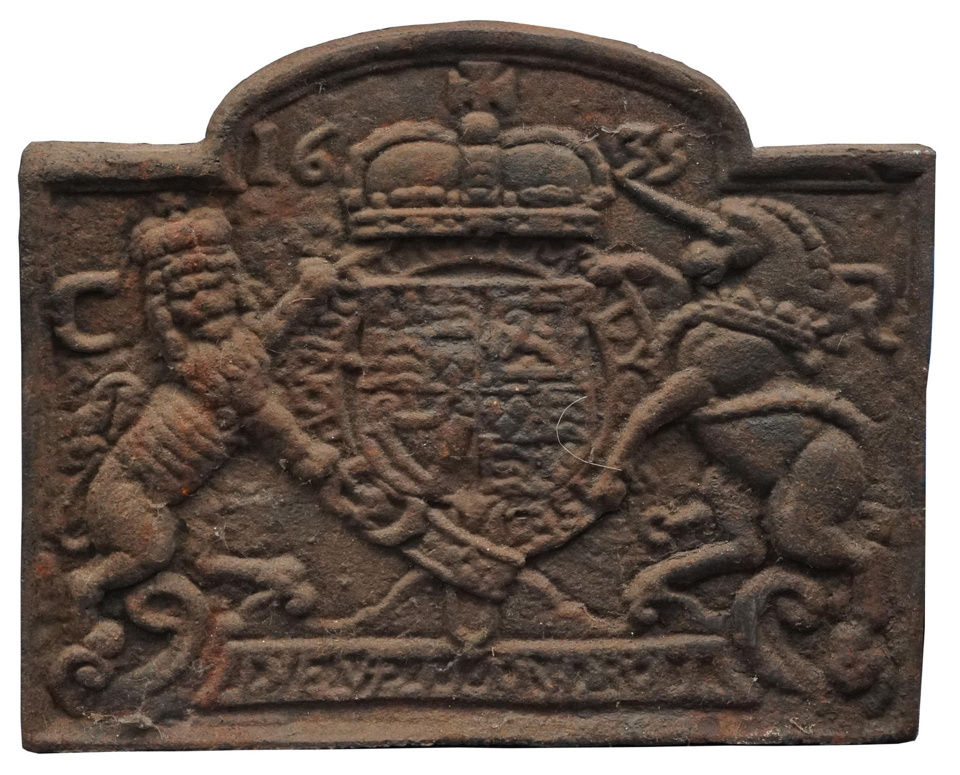 Antique cast iron fire back with Charles I royal coat of arms dated 1635, 60.5cm x 52cm