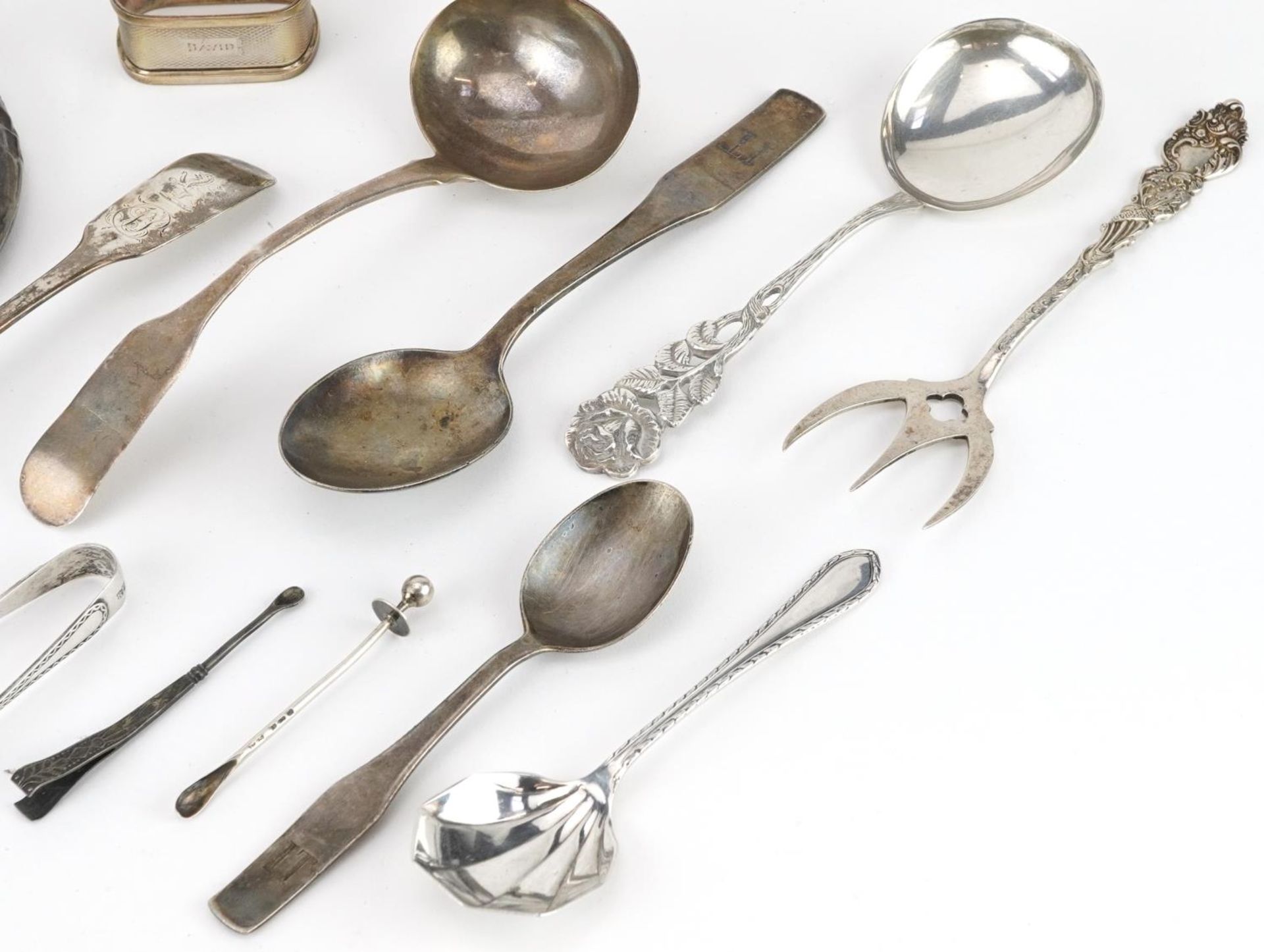Georgian and later silver including tablespoon, napkin ring, sugar tongs and hand mirror, the - Image 3 of 7