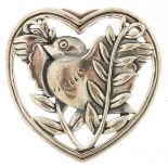 Modernist sterling silver love heart brooch in the form of a bird and wheat, 3.5cm wide, 8.6g