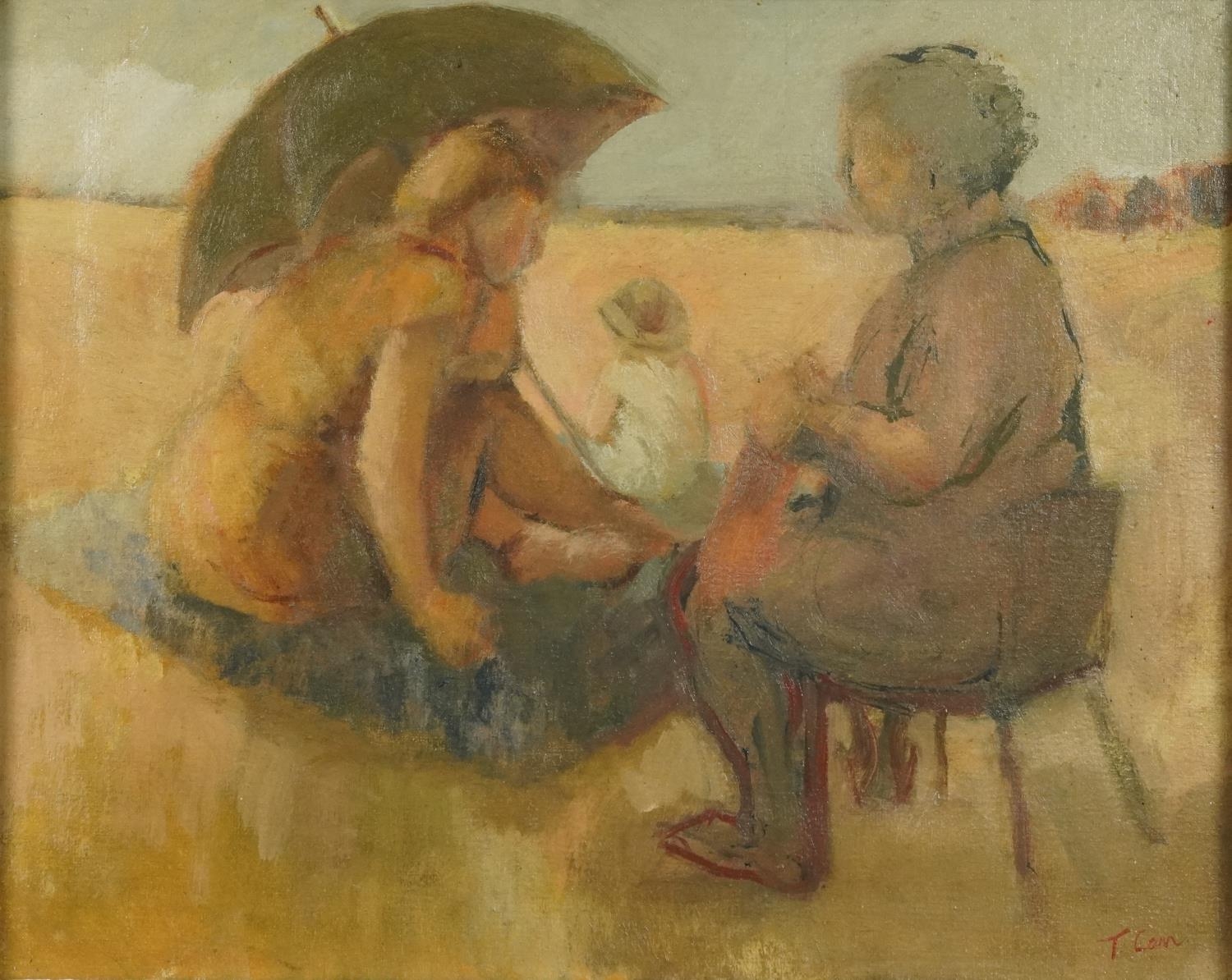 Beach scene with mother and child, post war British oil on canvas, mounted and framed, 50cm x 39cm