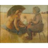 Beach scene with mother and child, post war British oil on canvas, mounted and framed, 50cm x 39cm