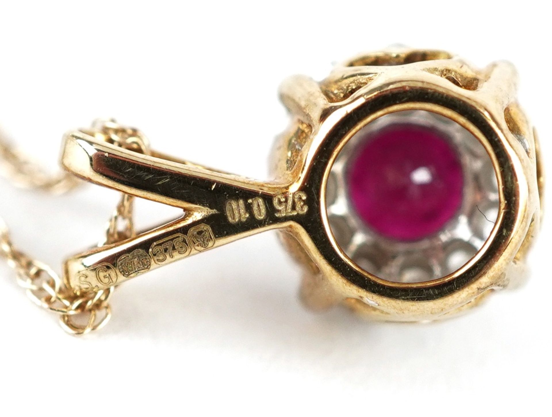 9ct gold ruby and diamond pendant on a 9ct gold necklace, the ruby approximately 3.90mm in - Image 4 of 4