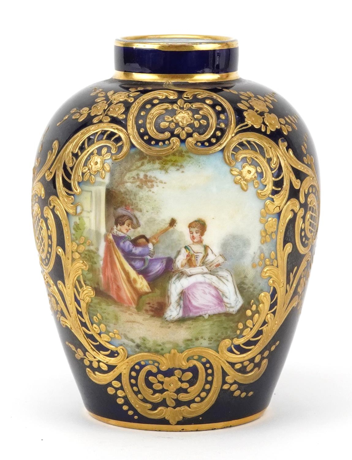Sevres, 19th century French cobalt blue ground vase hand painted with a panel young musician - Image 2 of 6