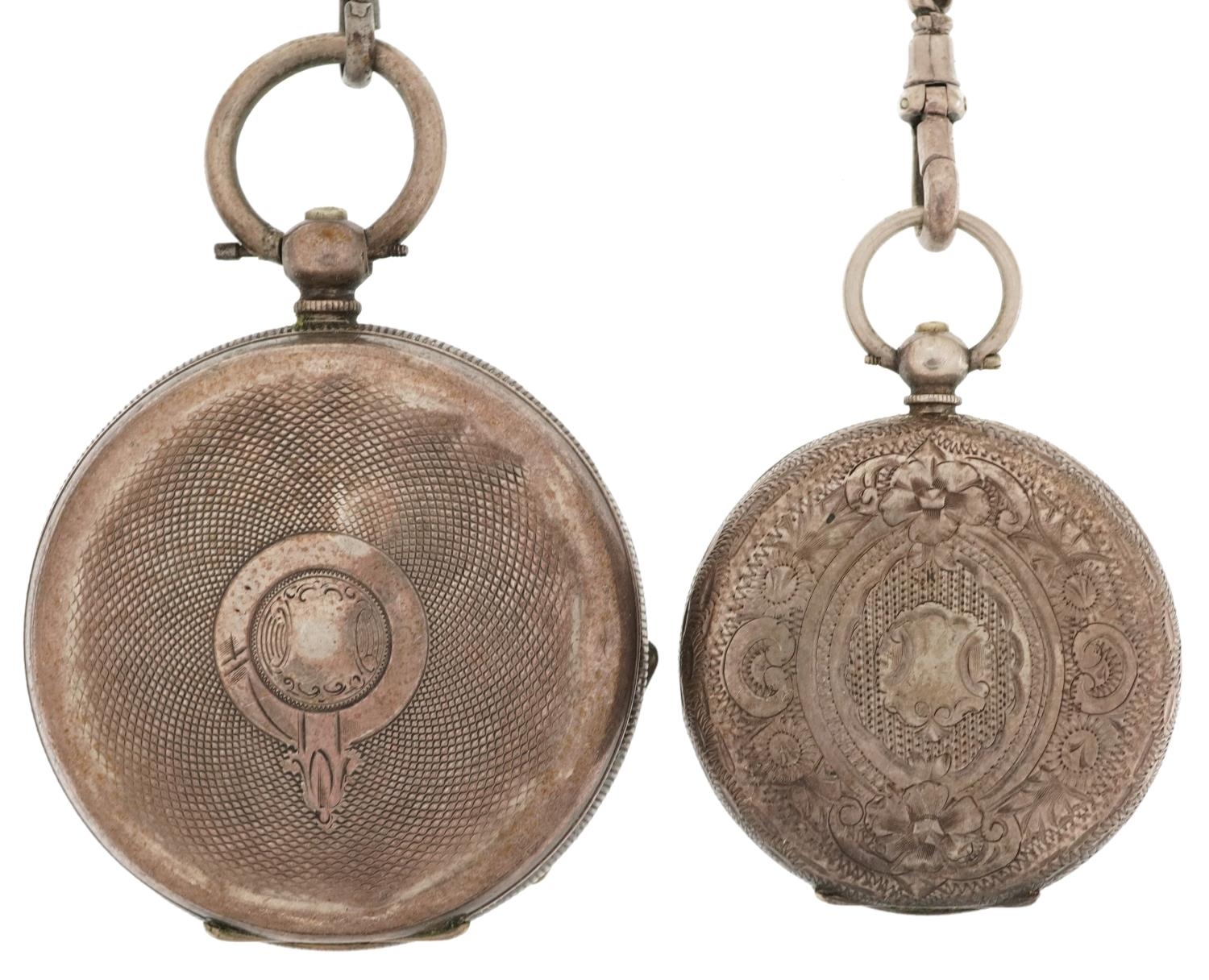 Two ladies and gentlemen's silver key wind open face pocket watches having enamelled dials and Roman - Image 3 of 6