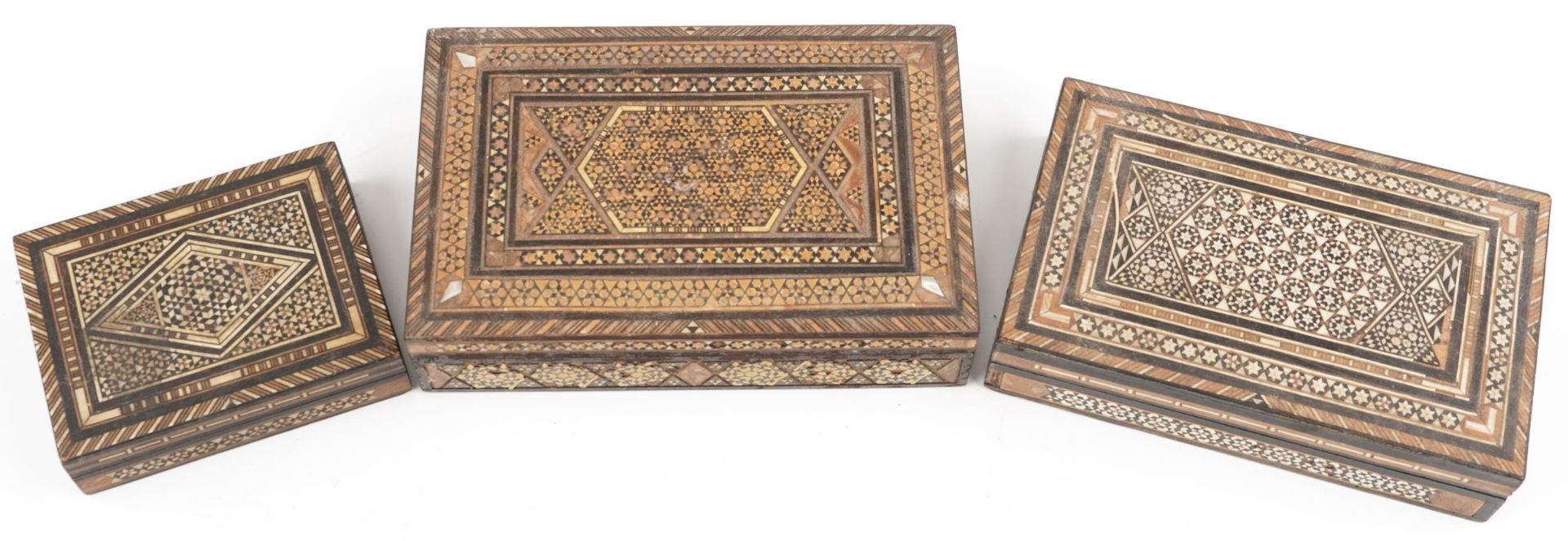 Three Syrian Moorish style rectangular inlaid wooden boxes, the largest 22cm wide - Image 2 of 4