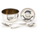 Silver items comprising American sterling circular bowl, two American sterling spoons and a South