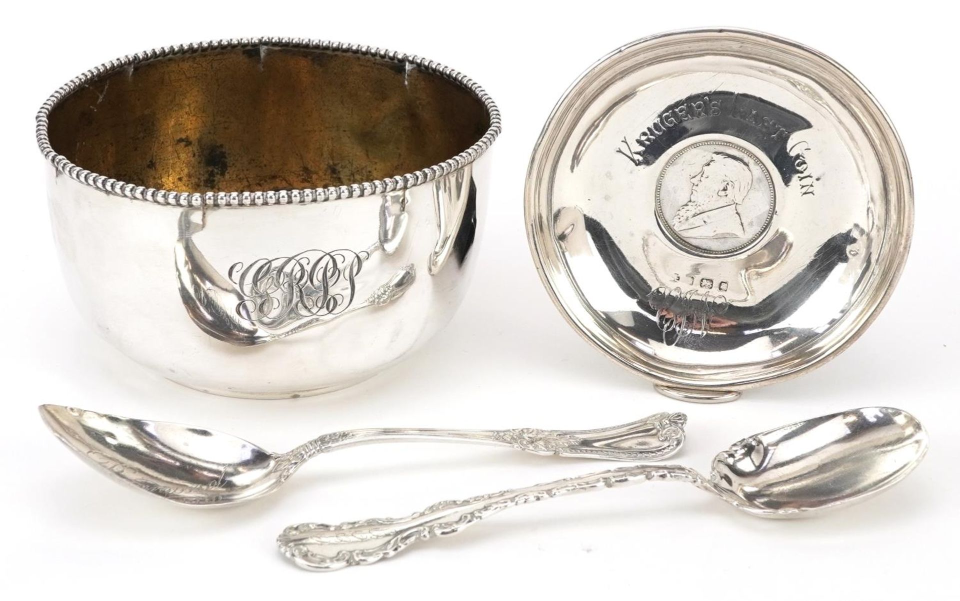 Silver items comprising American sterling circular bowl, two American sterling spoons and a South