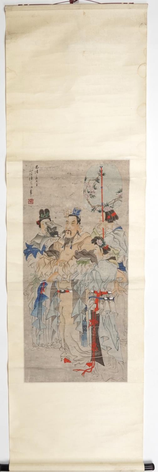 Manner of Ren Bonian - Master served by his maid, Chinese ink and watercolour wall hanging scroll - Image 2 of 4