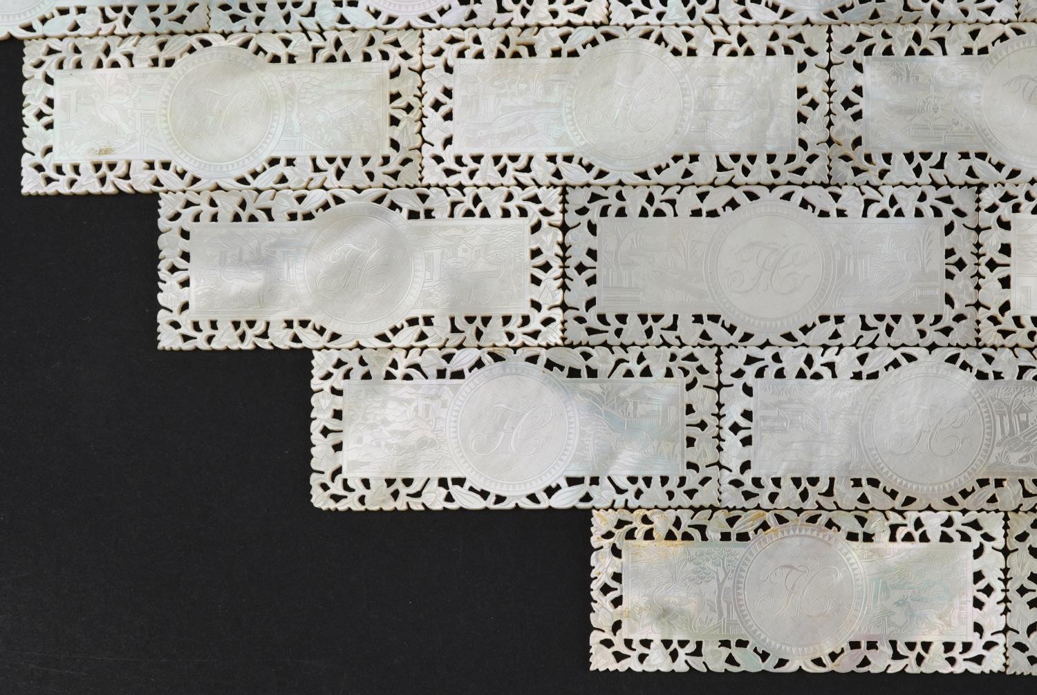 Good collection of Chinese Canton mother of pearl gaming counters finely carved and pierced with - Image 11 of 14