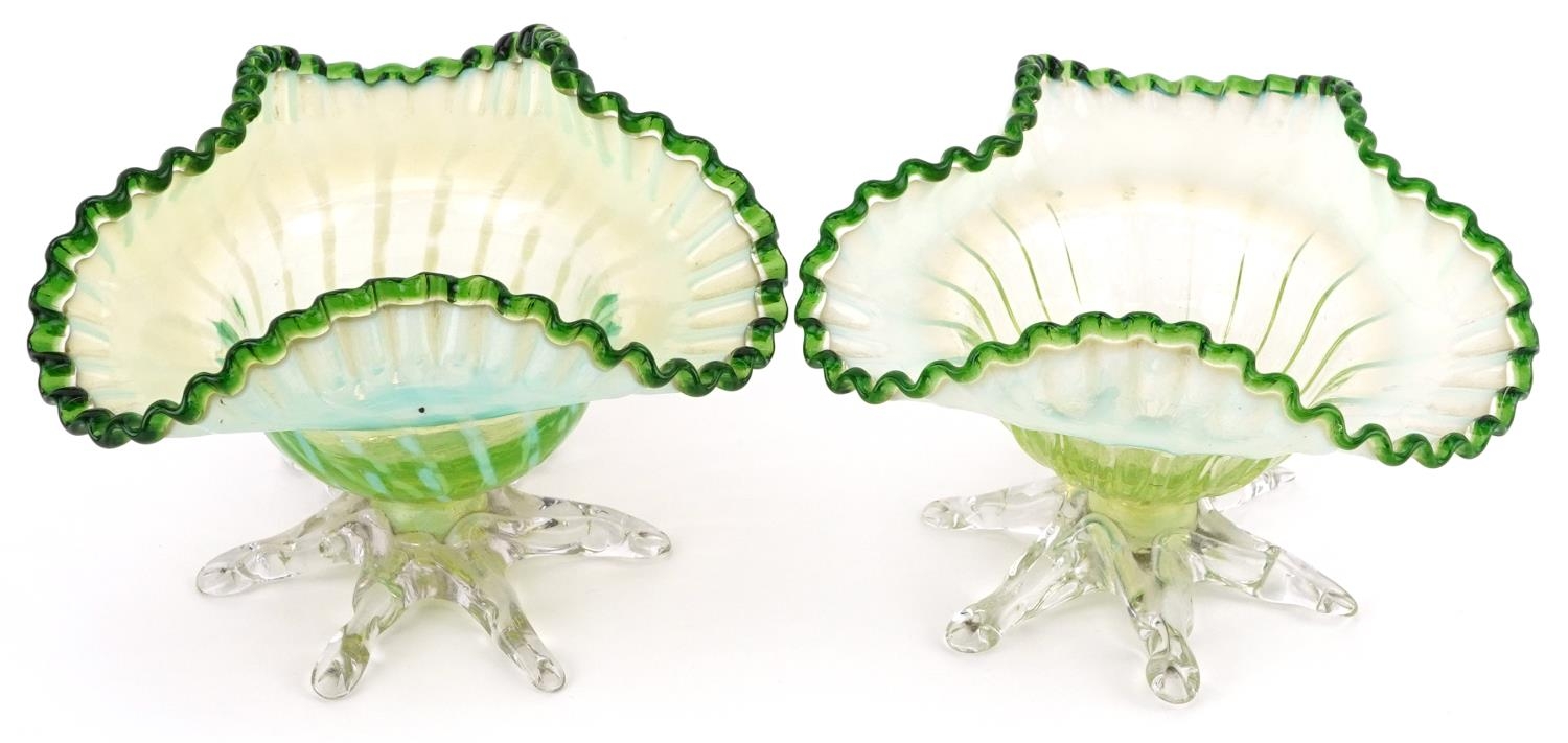Pair of Victorian six footed Vaseline frilled glass bowls, 12cm in diameter - Image 2 of 5