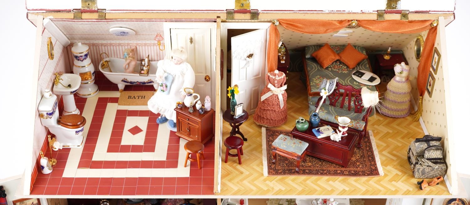 Large hand painted, hand made Georgian style wooden doll's house with electrics housing a collection - Image 3 of 15