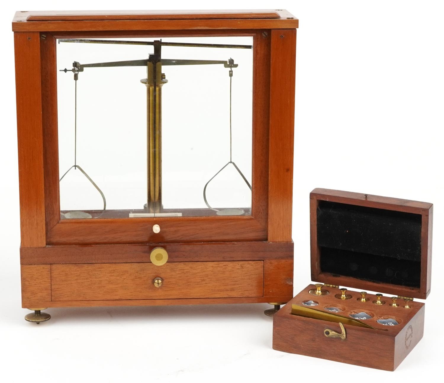 Becker Bros of New York, mahogany cased balance scales with mahogany travel case and set of brass - Image 2 of 6