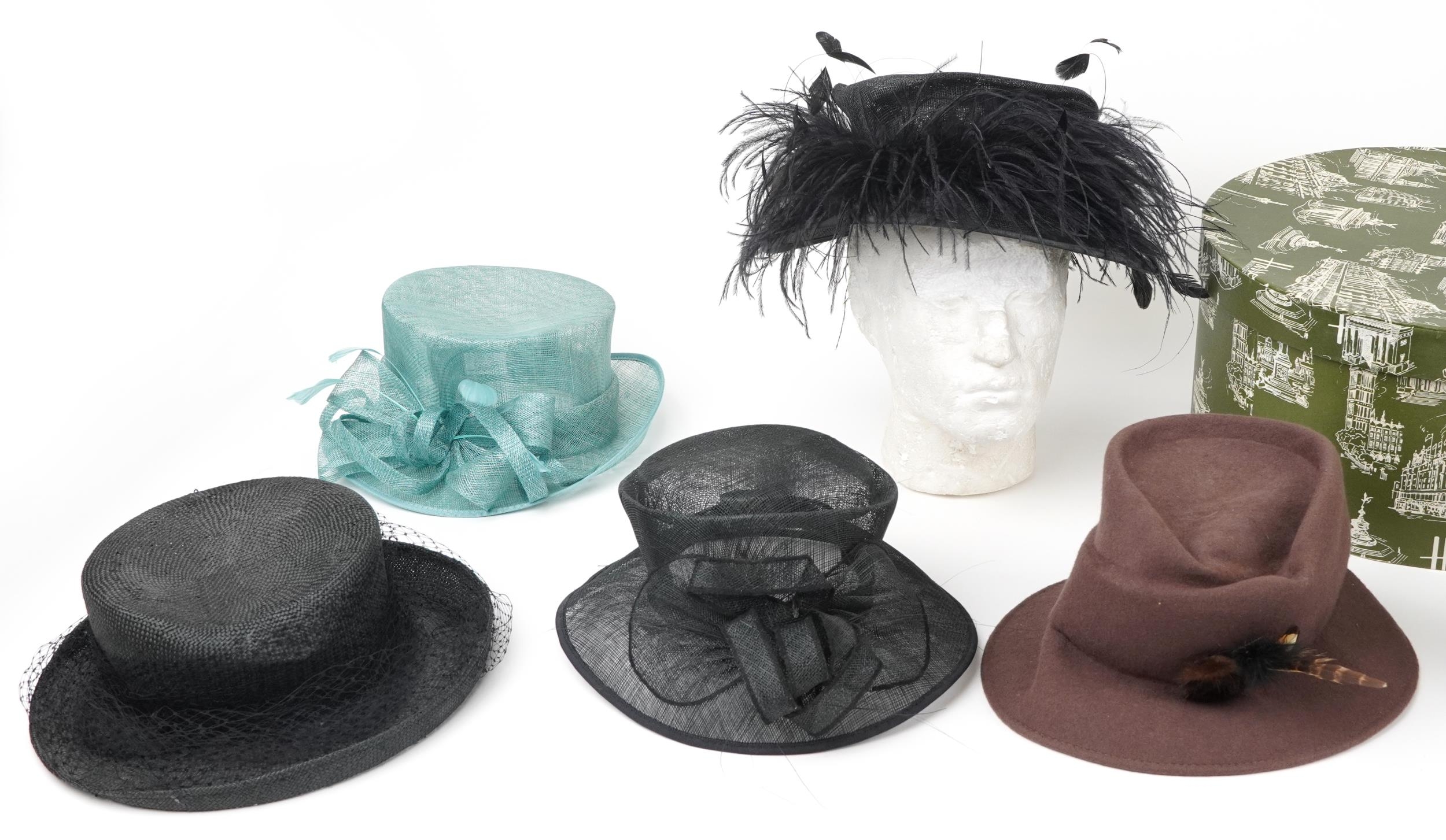 Vintage and later designer fascinator hats including a Harrods example with hatbox, the hatbox - Image 2 of 4