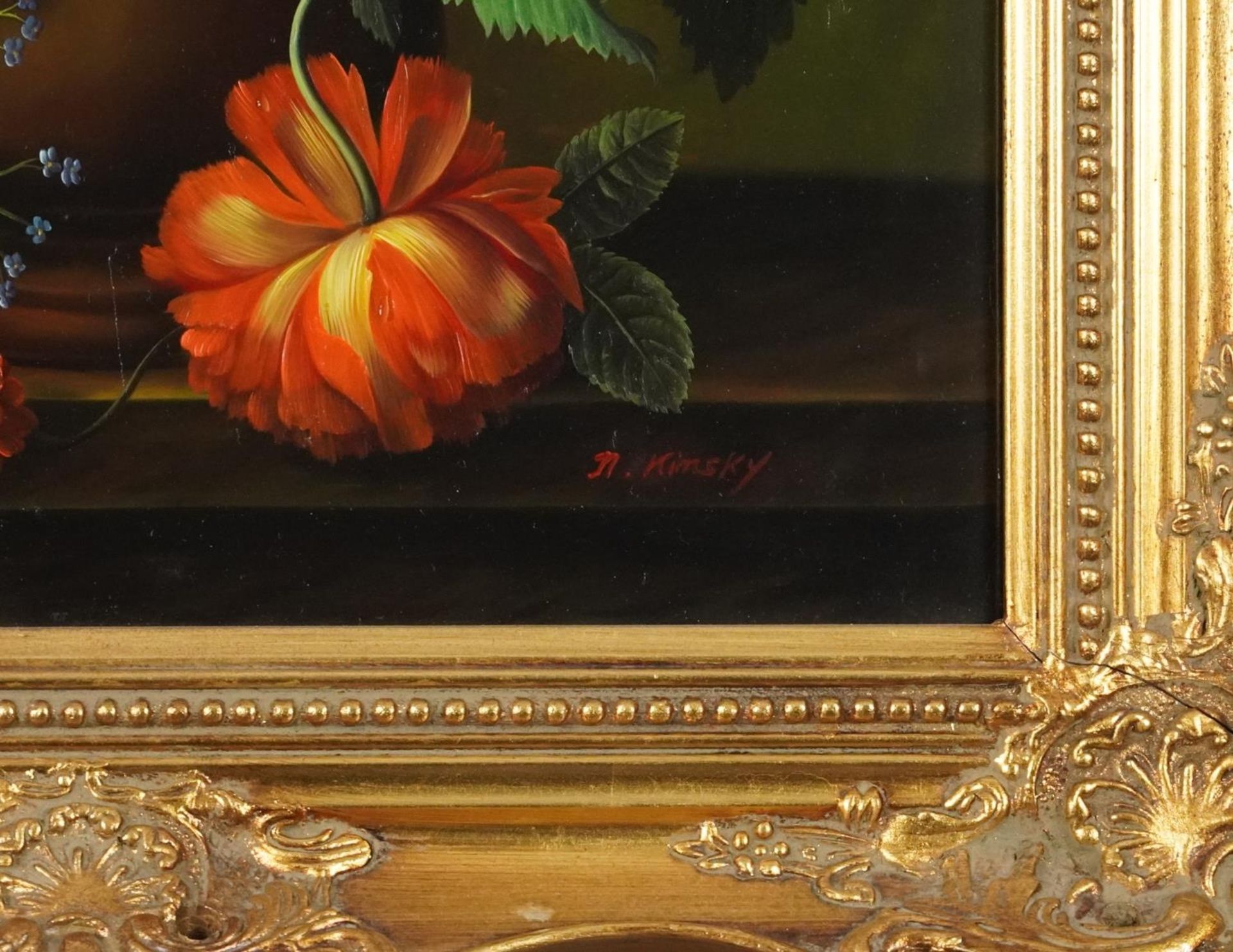 N Kinsky - Still life flowers in a vase, Old Master style oil on wood panel, mounted and framed, - Image 3 of 6