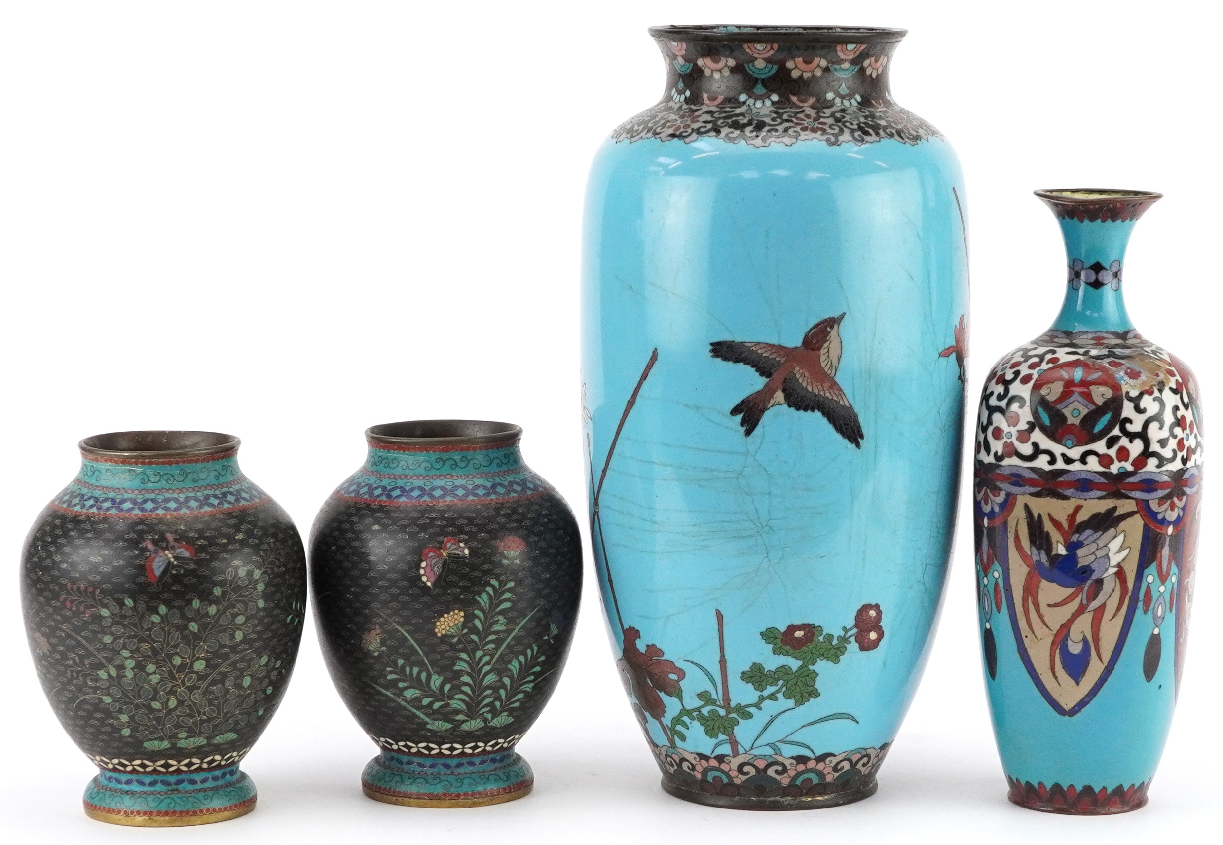 Four Japanese cloisonne vases including a pair enamelled with butterflies amongst flowers and an - Image 4 of 6