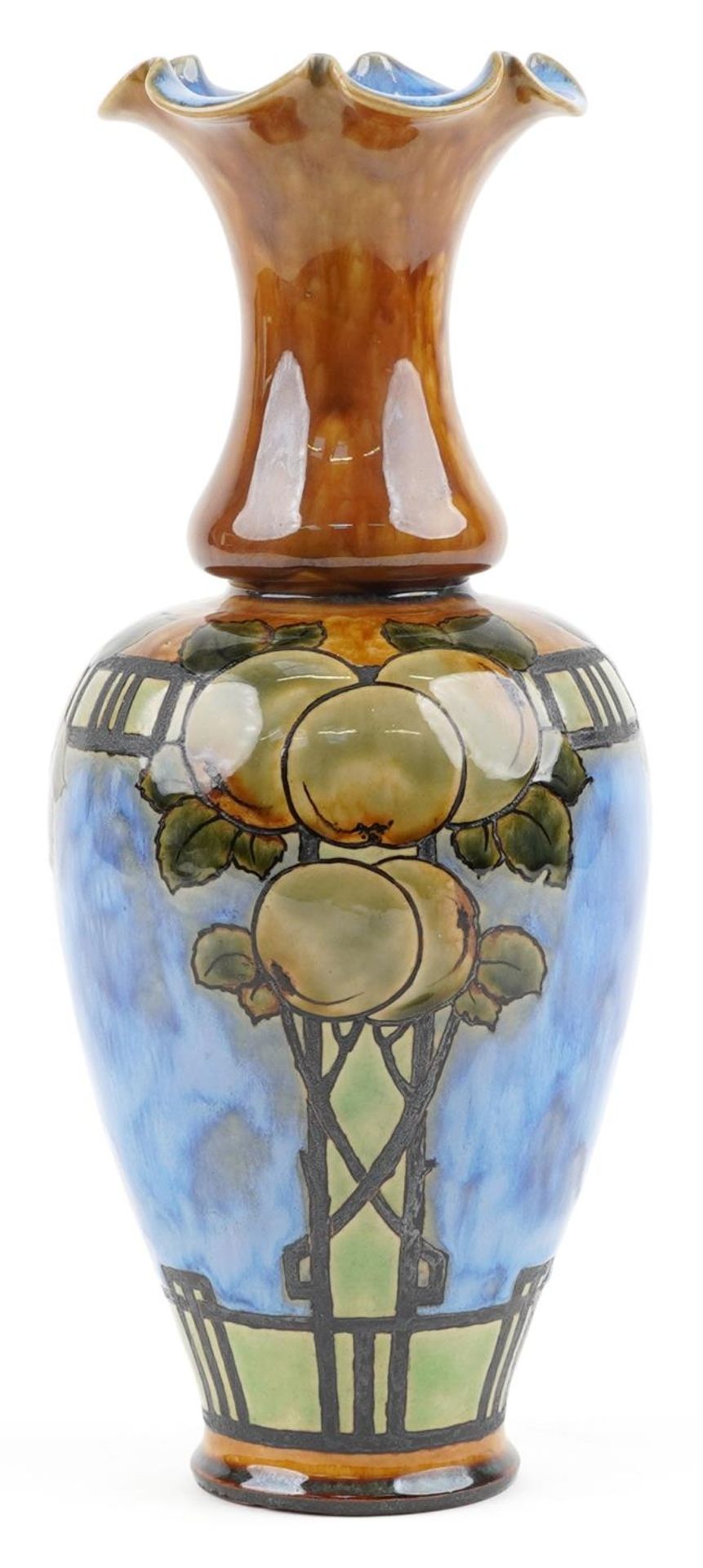Eliza Simmance for Royal Doulton, Art Nouveau stoneware vase hand painted with fruit and leaves,