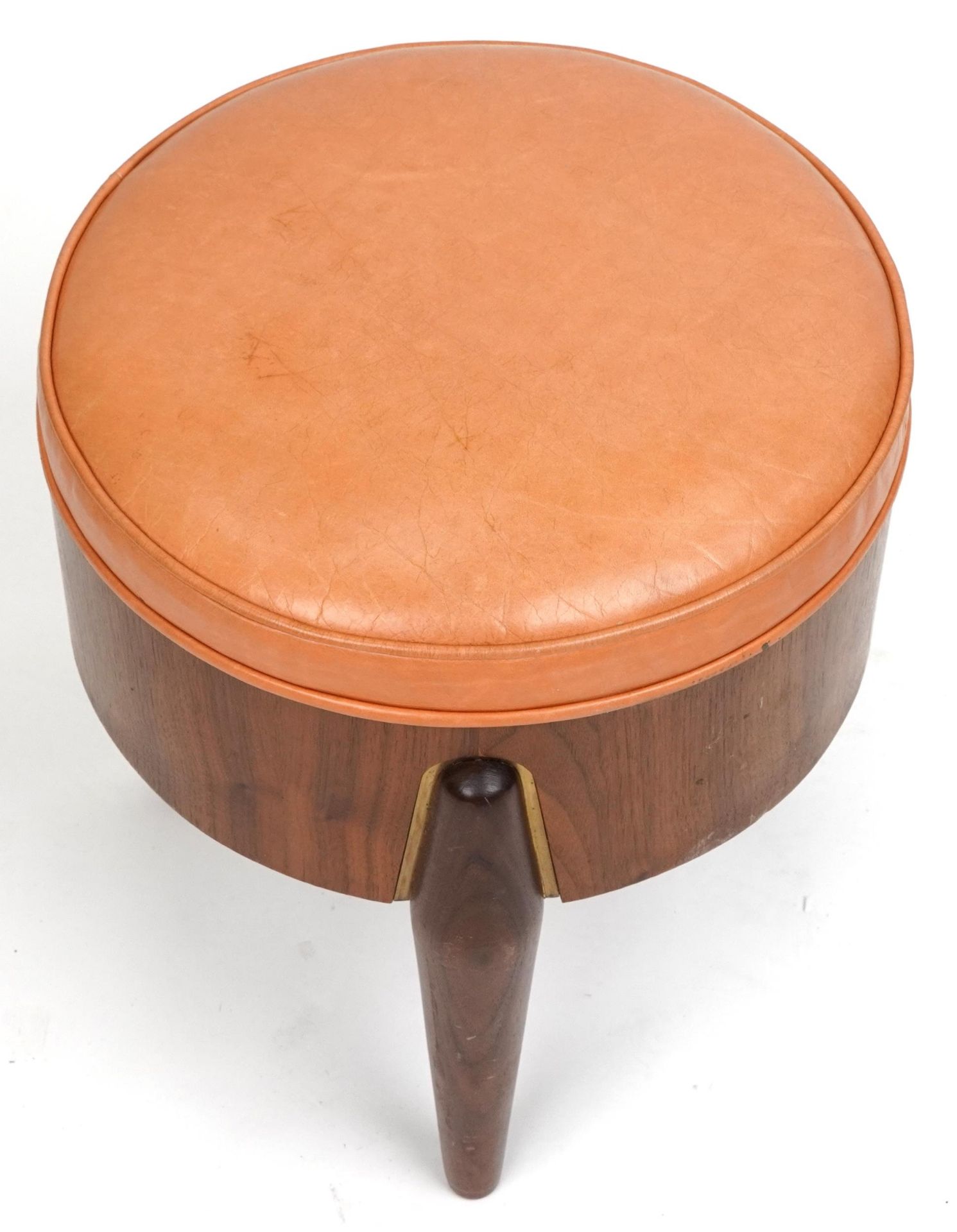 Scandinavian design hardwood three legged rocket stool with tan upholstered cushioned seat, 45cm H x - Image 2 of 3