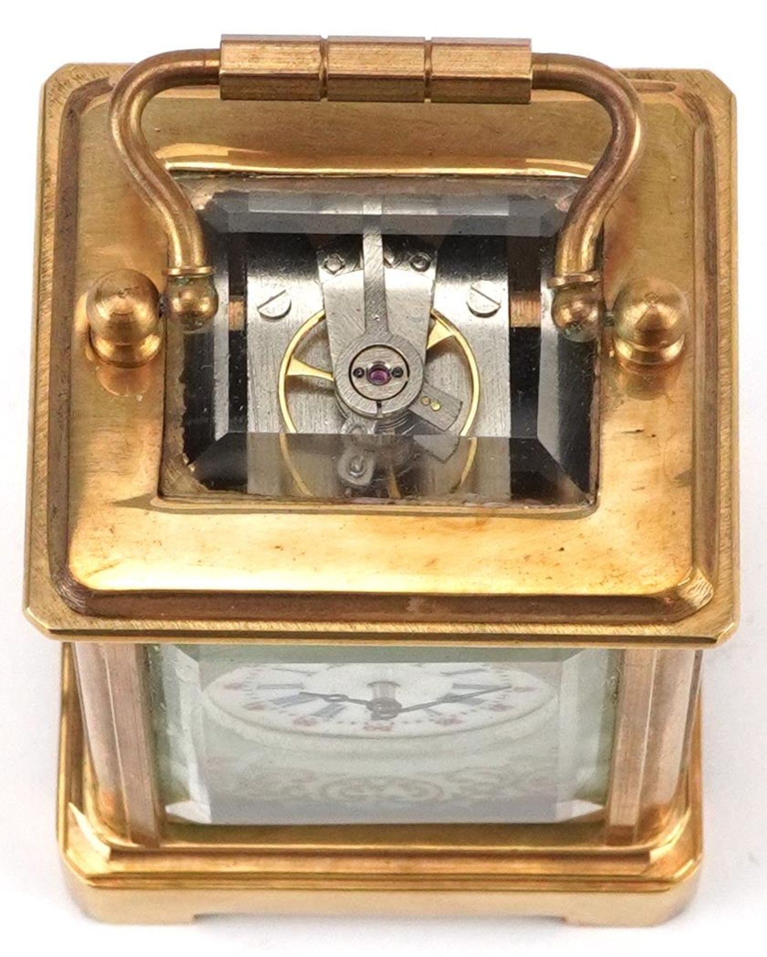 Miniature brass cased carriage clock with Sevres type porcelain panels depicting flowers, 5.5cm high - Image 7 of 8