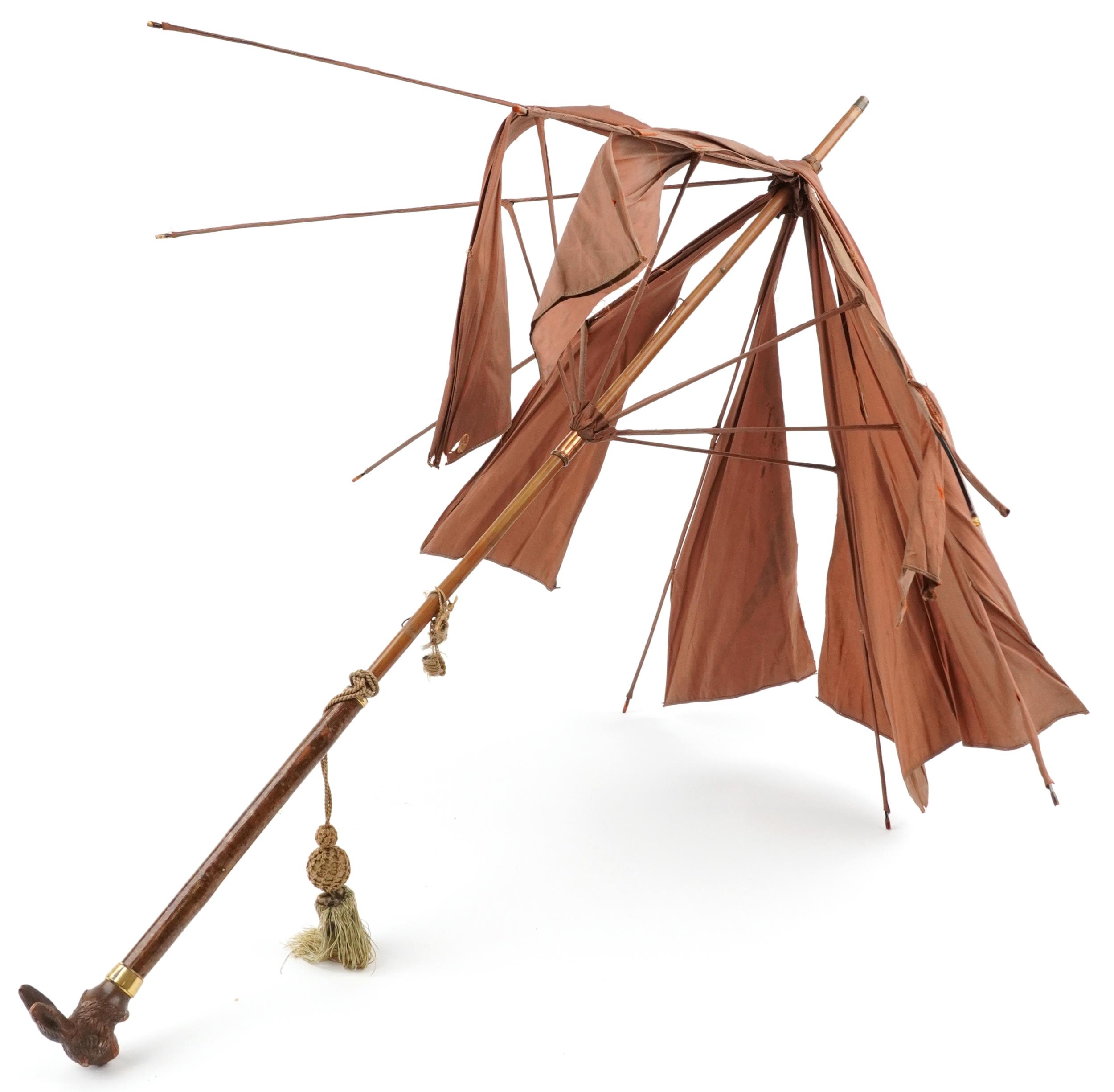 Late 19th century gnarled wood parasol with carved Black Forest hare design mechanical open and - Image 5 of 5