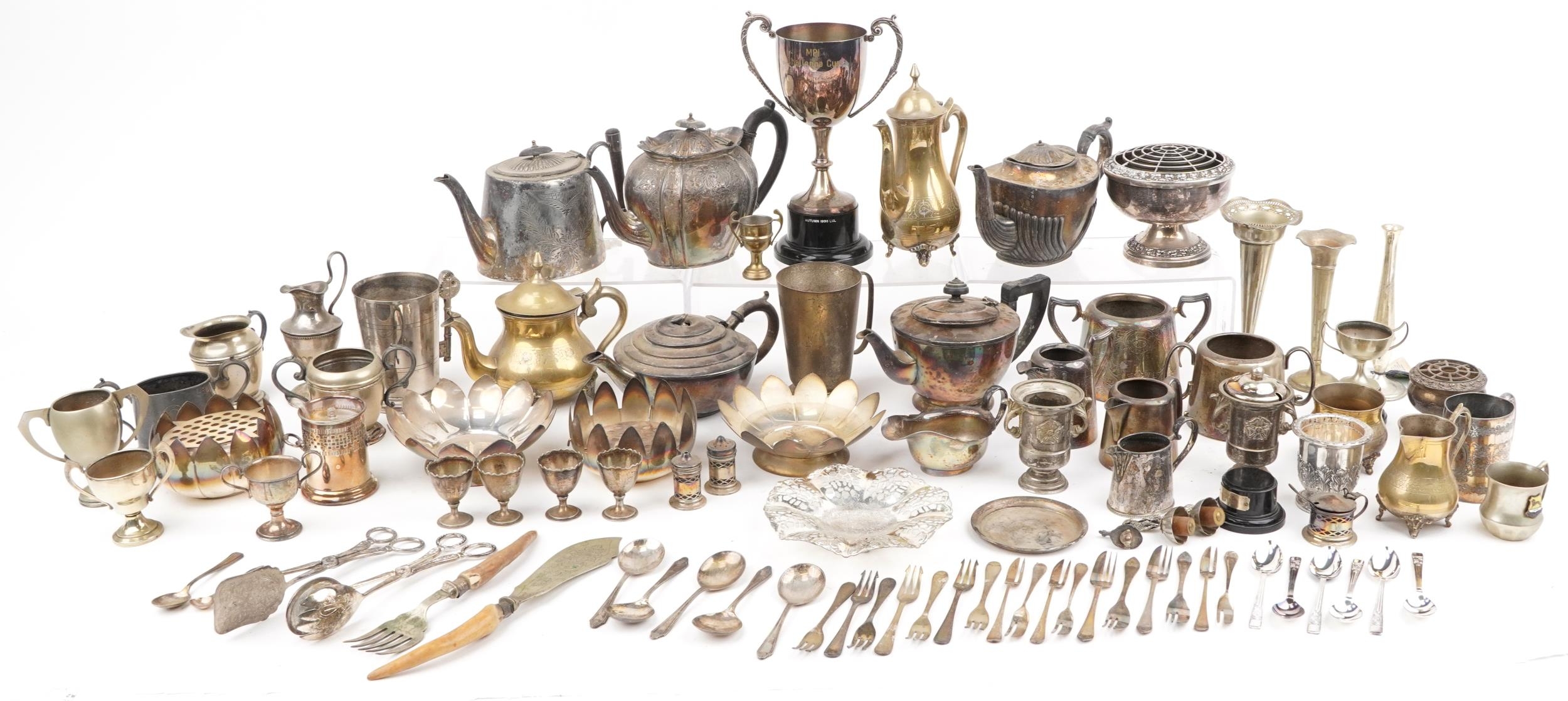 Silver plated metalware including pair of campana urns, trophy, coffee pot and teapot