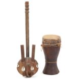 African tribal interest Krar instrument and a drum, 40cm in length