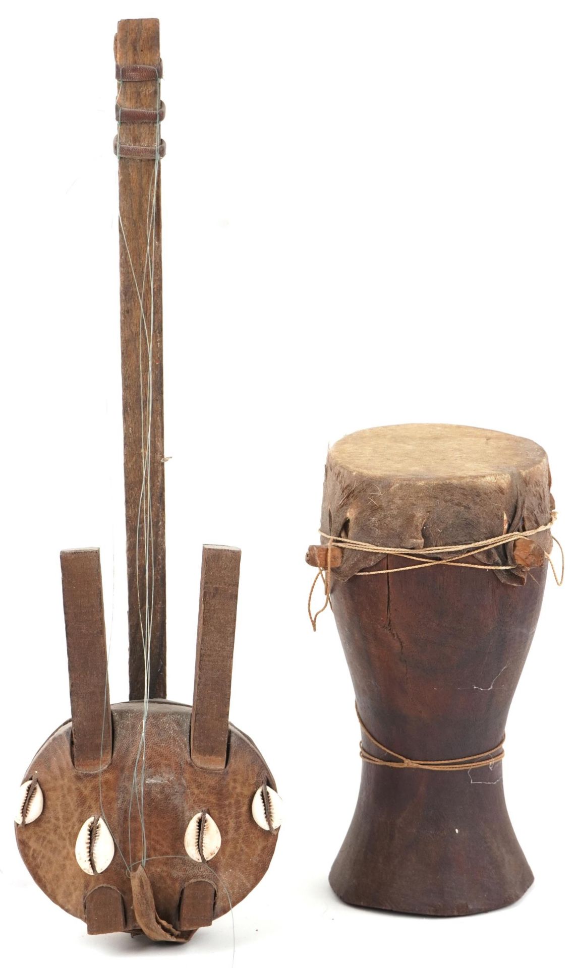 African tribal interest Krar instrument and a drum, 40cm in length