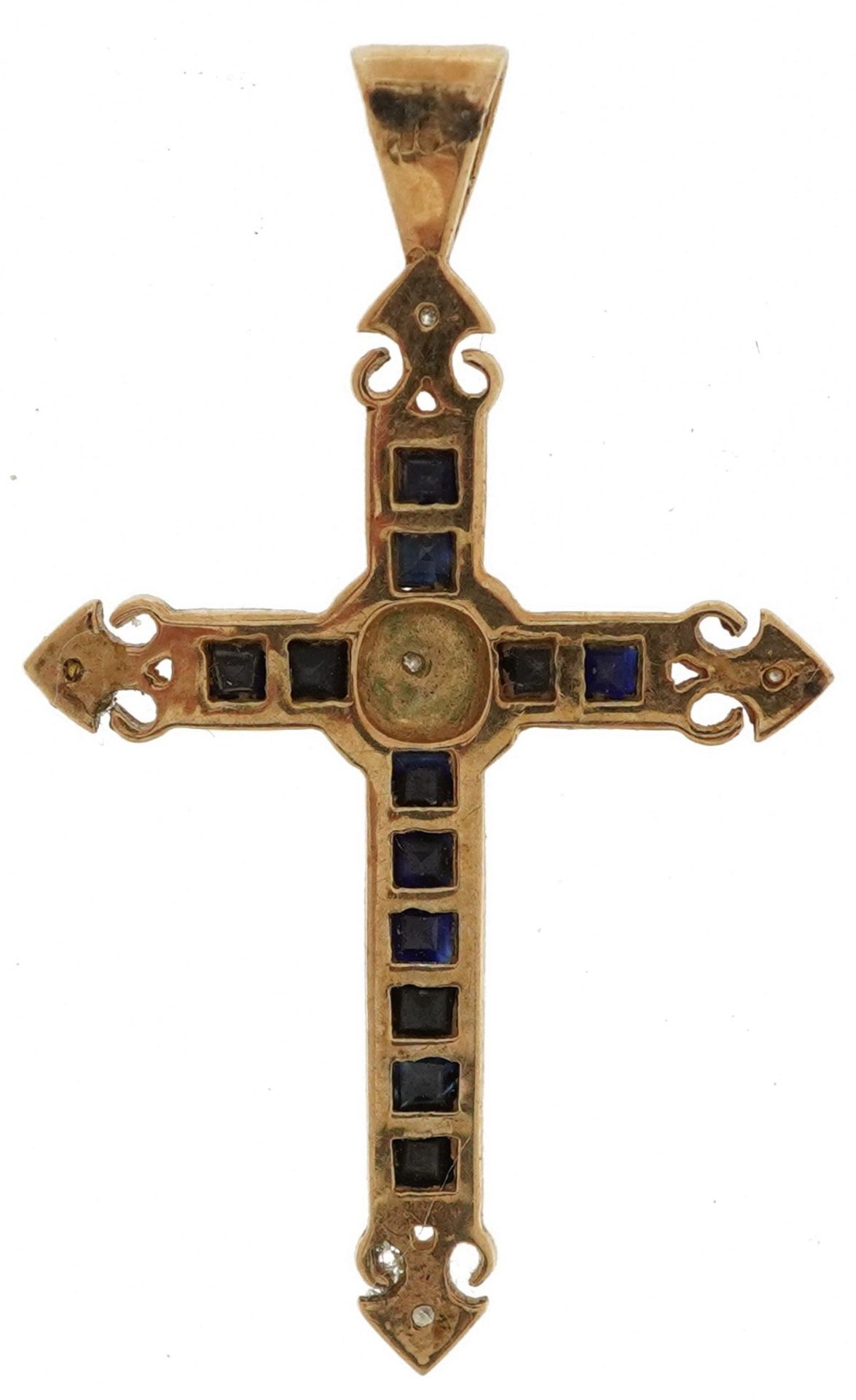 Renaissance Revival 9ct gold sapphire and diamond cross pendant, 3.5cm high, 1.2g - Image 2 of 3