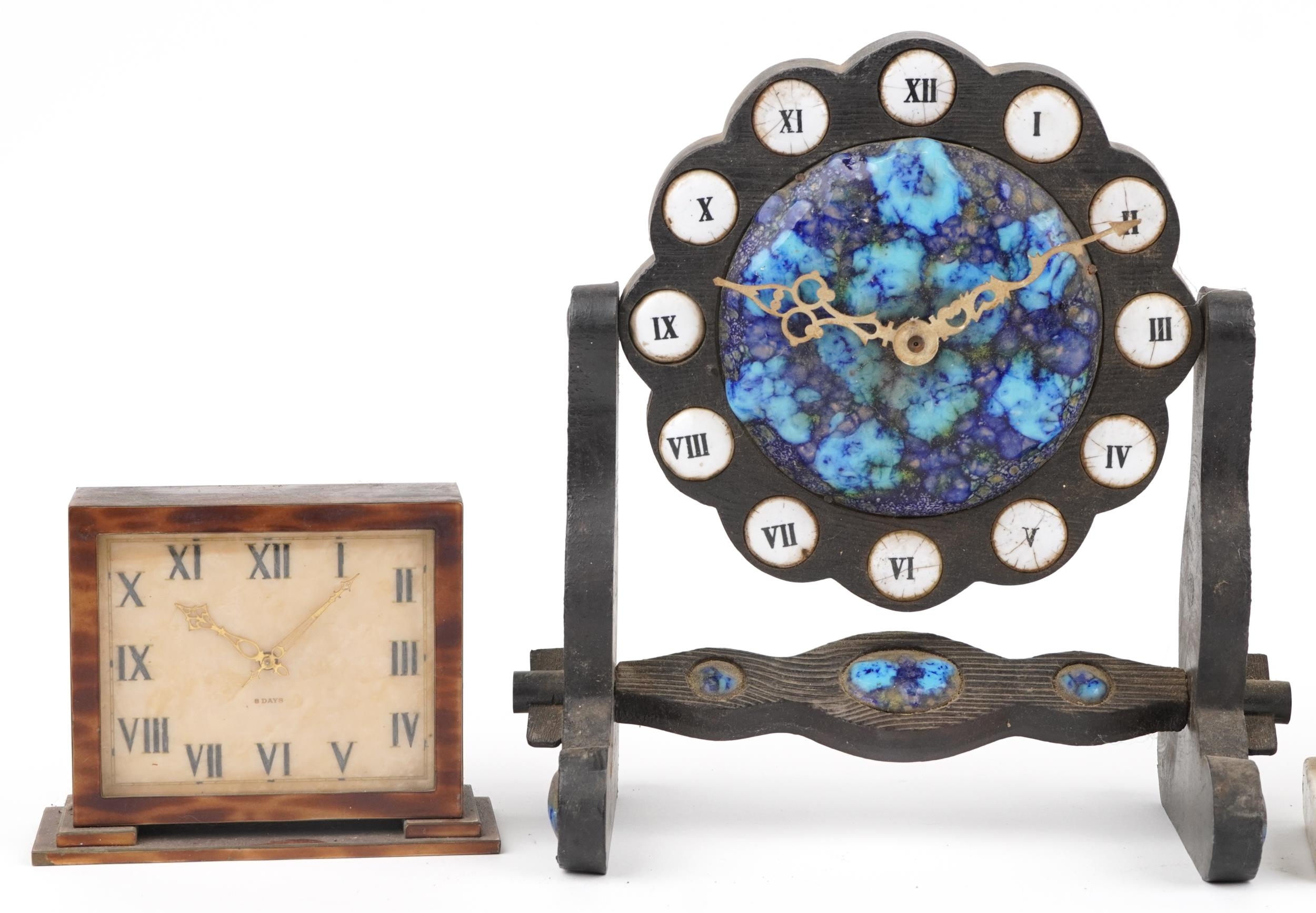 Three Art Deco mantle clocks including a faux tortoiseshell eight day example and a hardwood - Image 2 of 4